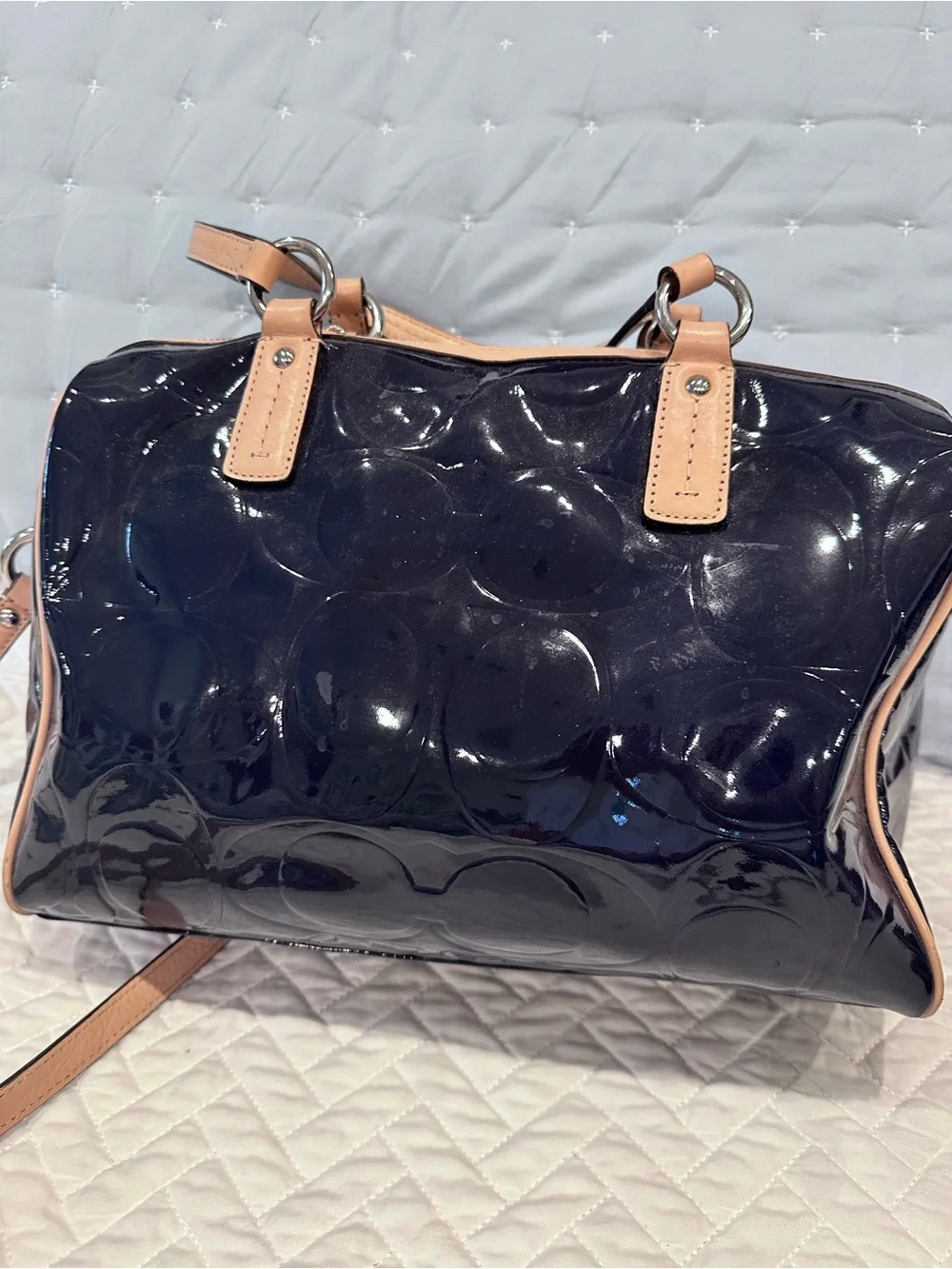 Coach Patent Leather Satchel with tan Trim - Navy Patent